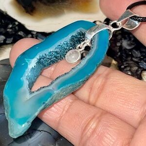 Blue Drusy Solar Quartz & Rainbow Moonstone Pendant 2 1/2”